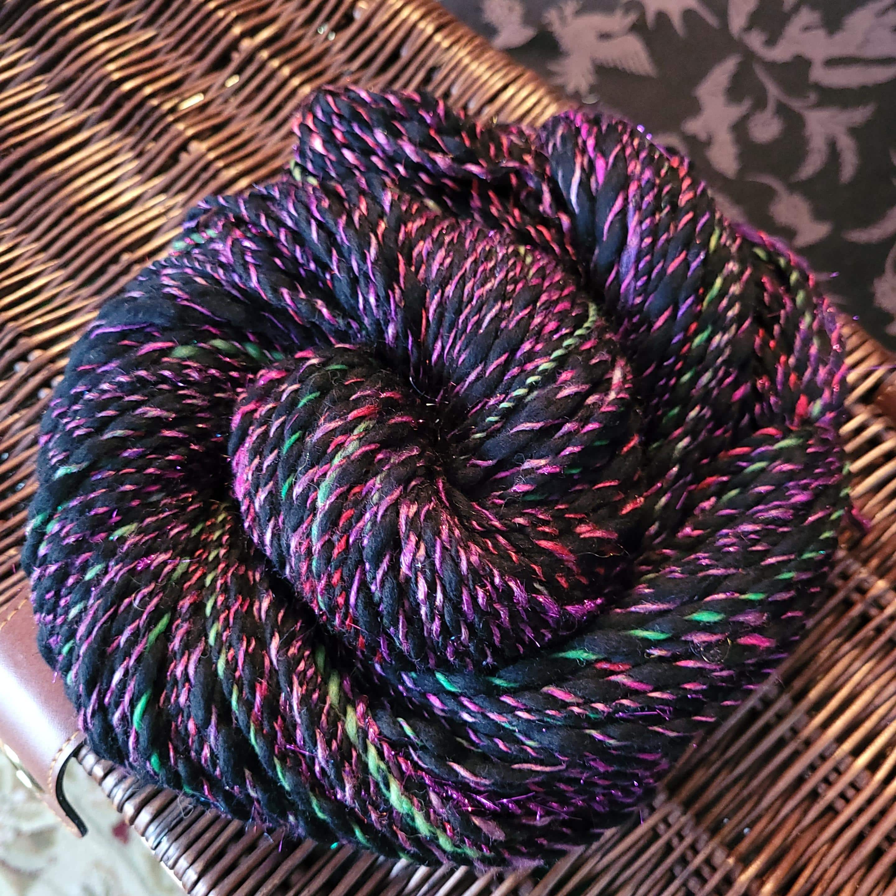 Midnight Orchid Garden” handspun thick and thin merino and bamboo
