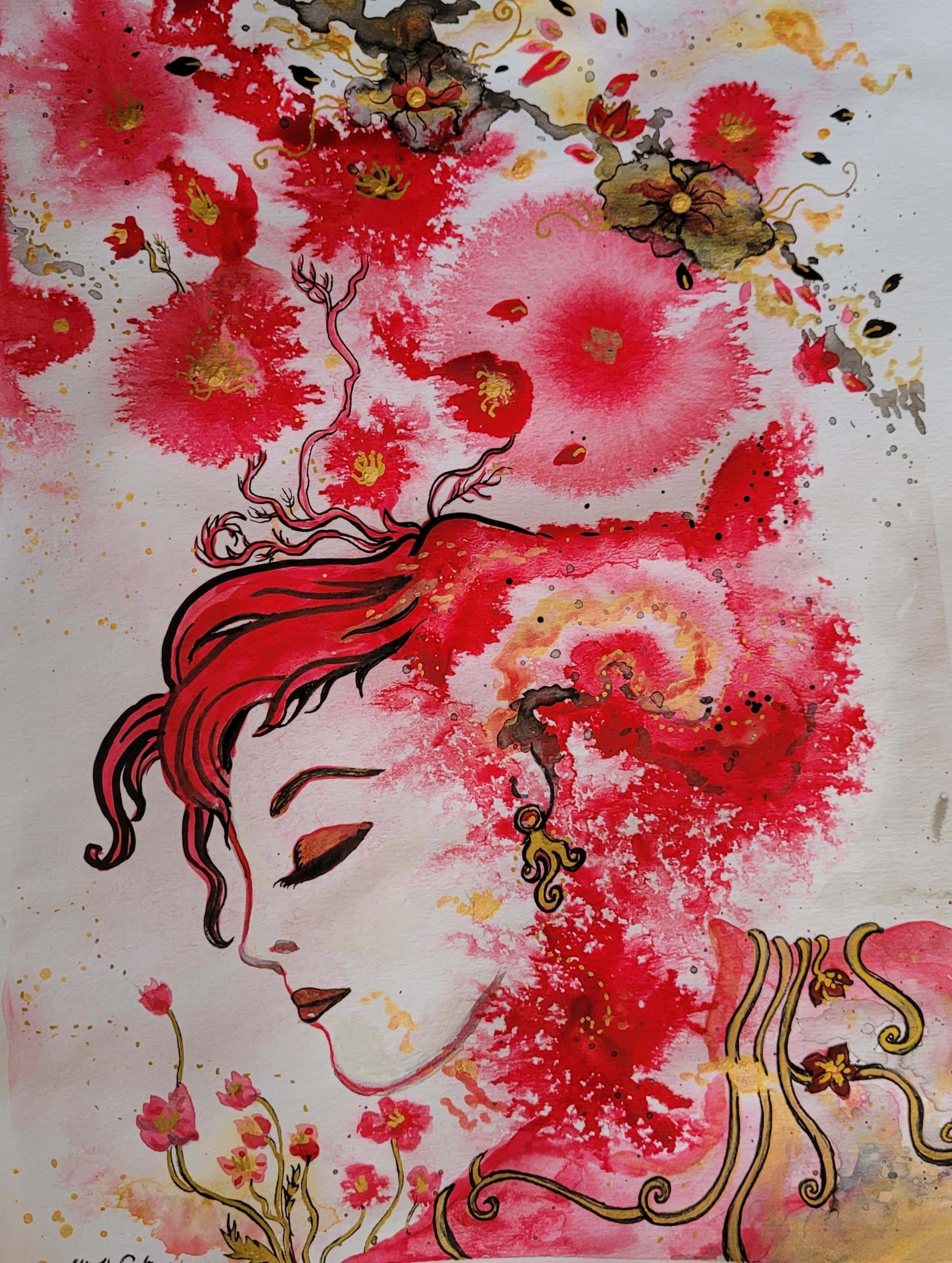 Brilliant Dreams of Red Watercolor, ink and metallic inks on watercolor  paper, 9 by 12