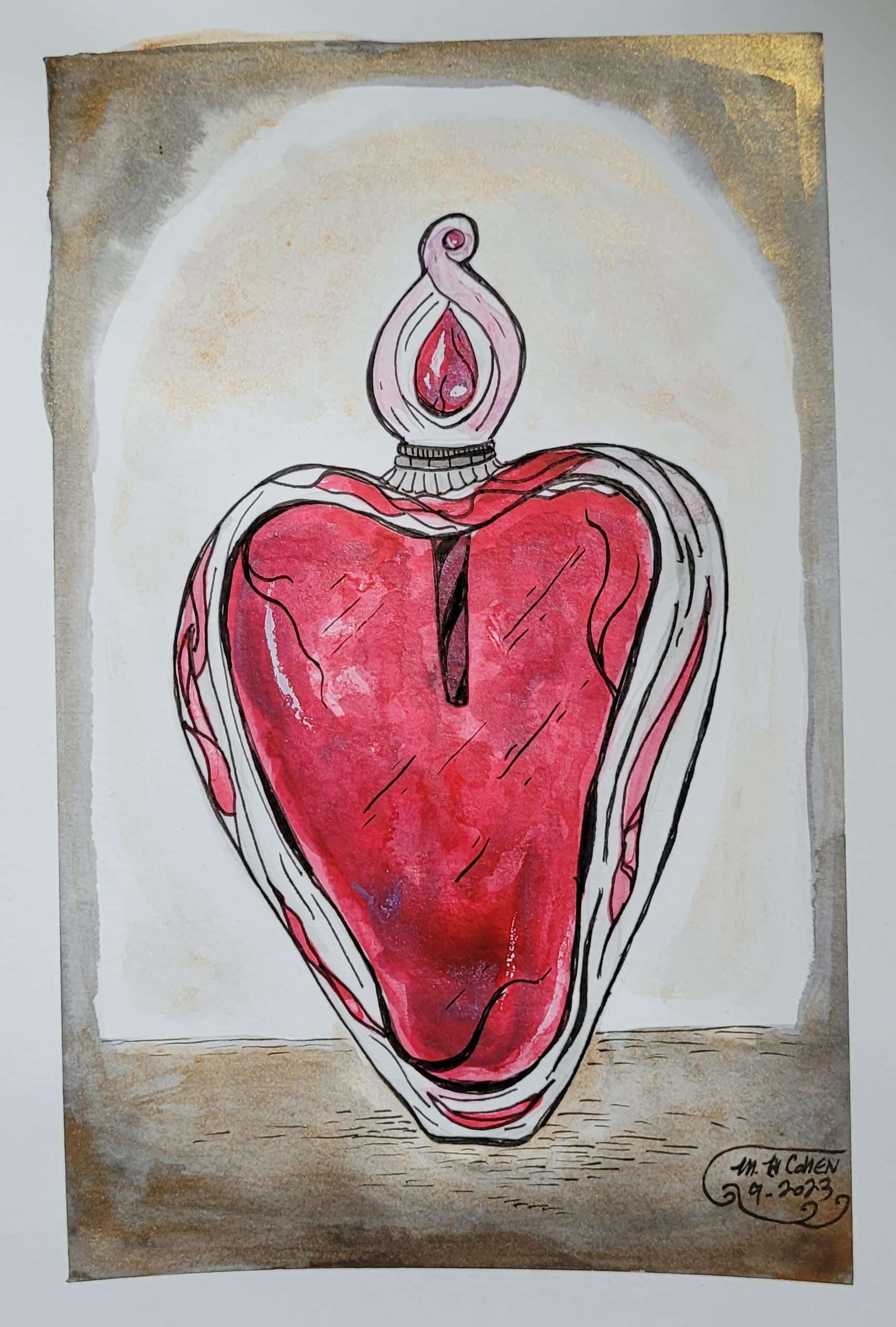 An Ardent Love 5 by 7 watercolor, ink and metallic ink painting on mixed  media paper